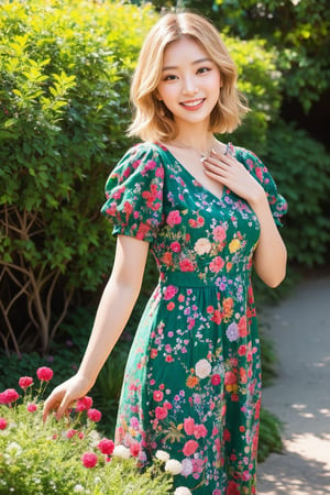 In a vibrant botanical garden, a stunning Japanese beauty poses amidst a kaleidoscope of flowers on a bright, sunny day. She wears a traditional embroidered dress in black, red, and green patterns, her blonde hair shining under the warm light. Her radiant smile, like the sun, illuminates the scene as she stands surrounded by colorful blooms, their petals gently rustling in harmony with her carefree expression. The camera captures her joyous essence in a flash of light, freezing the moment forever,flashphoto