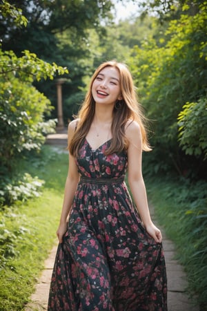 A stunning Ukrainian beauty poses in a lush botanical garden on a bright, sunny day. She wears a vibrant traditional embroidered dress adorned with intricate black, red, and green patterns, her blonde hair shining under the warm light. Her radiant smile captures the essence of joy as she stands amidst a tapestry of colorful flowers, the gentle breeze rustling the petals in harmony with her carefree laughter.,flashphoto