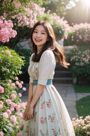 In a vibrant botanical garden, a stunning Japanese beauty poses amidst a kaleidoscope of flowers on a bright, sunny day. She wears a traditional embroidered dress in black, red, and green patterns, her blonde hair shining under the warm light. Her radiant smile, like the sun, illuminates the scene as she stands surrounded by colorful blooms, their petals gently rustling in harmony with her carefree expression. The camera captures her joyous essence in a flash of light, freezing the moment forever,flashphoto