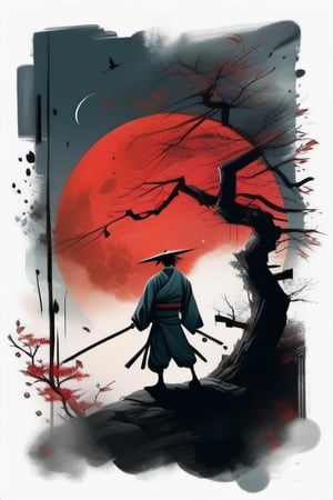 Create a haunting and atmospheric digital painting set in feudal Japan, depicting a lone samurai warrior standing before a torii gate amidst a ravaged landscape. The scene is dominated by a massive, blood-red moon hanging low in the sky, partially obscured by wispy clouds and dark, swirling energy. In the foreground, position the silhouette of a solitary samurai, facing away from the viewer, wearing a traditional kimono and hakama with a katana at his side. He stands on uneven, debris-strewn ground littered with broken planks, stones, and scattered cherry blossom petals. The torii gate should be positioned just beyond him, its dark wood frame stark against the turbulent sky. Above the gate, render a colossal, ominous crow or raven with wings fully spread, its form a deep black silhouette against the crimson moon. The bird's presence should dominate the upper half of the composition, its wings stretching nearly edge to edge. Surrounding the central crow, depict a flock of smaller birds in flight, their forms breaking apart and blending with the chaotic energy swirling around the moon. The sky should be a mix of deep teals, smoky grays, and inky blacks, creating a stark contrast with the vibrant red of the moon. Incorporate elements of abstract splatter and brush strokes throughout the piece to enhance the sense of motion and violence. Use a gritty, textured style reminiscent of traditional sumi-e ink painting combined with modern digital techniques,with the dark night background,include the japanese words for the streetwear desaign t-shirts. The overall tone should be

