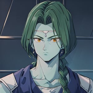 zarbon,1boy,male,solo,blue skin,yellow eyes,long green hair,single braid,hair over the shoulder