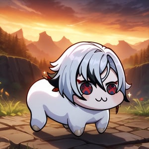  source_anime, solo, doro, :3, chibi, solid circle eyes, white skin, all fours, sparkle, masterpiece, best quality, \:3, no humans, no pupils, creature, outdoor, raikou, side view,Arlecchino_\(genshin_impact\), x-shaped pupils, white hair,black hair,black eyes,red pupils