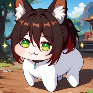  source_anime, tingyun, black hair, fox, fox ears, green eyes, animal ears, solo, doro, :3, chibi, solid circle eyes, white skin, all fours, sparkle, masterpiece, best quality, \:3, no humans, no pupils, creature, outdoor