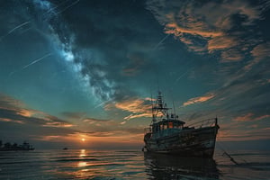 fishing boat, bioluminescent sky