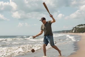 a man throwing away a baseball bat on the beach