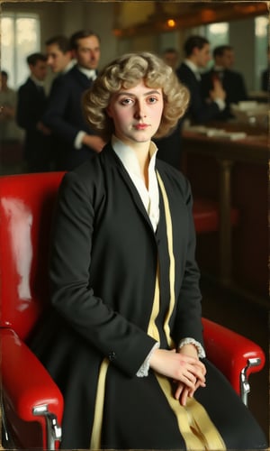 sargent_x, oil painting style, 1800s, Victorian Style, dramatic mood,The image shows a young woman sitting in a red barber chair in a barber shop. She is wearing a black and white striped jacket with a yellow stripe on the left side. Her blonde hair is styled in loose curls and she is looking directly at the camera with a serious expression. The background is blurred, but it appears to be a busy salon with other people in the background. The overall mood of the image is serious and focused.,oil painting style, 1800s, Victorian Style, dramatic mood