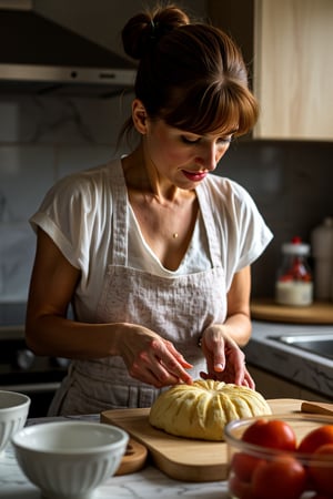 A plastinate as a housewife baking in the kitchen. lighting is cool and diffuse.