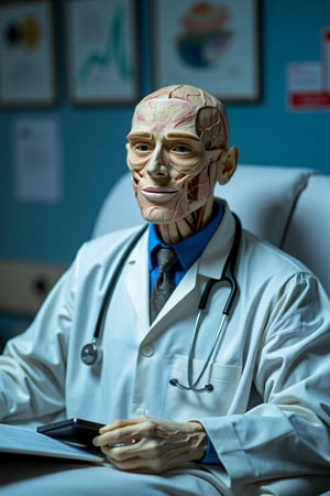 photograph of a plastinate as a doctor enjoying his stay at the hospital. lighting is cool and diffuse.