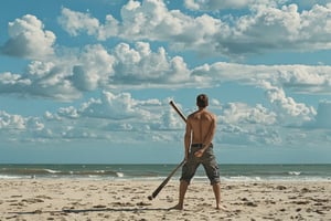 a man holding a baseball bat on the beach