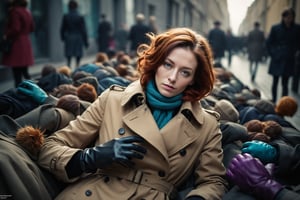 selfie, fine art photo, glamour shot, (designed by Chris Friel:0.8) , photograph, crowded street, stylized, (Woman:1.3), Resting on a diagonal, the Woman has Chestnut hairstyle, Gloves, inside a Trench, Light, Heterotype, Sony A7, 800mm lens, vibrant, colorful, dramatic, epic atmosphere, theatrical, badge