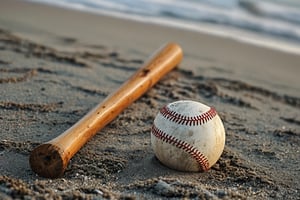 A baseball bat lying on the beach