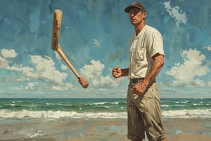 a man holding a baseball bat on the beach