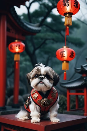 macro, nature photoshoot, photograph, Steampunk Shih Tzu, red lanterns, Shinto background, Smoky Conditions, Cozy, Royalcore, Moonlit, Cinestill, Ilford XP2 400, Selective focus, Vibrant Color, fauna, intricate detail, beautiful detailed supreme quality color intricate, handsome, dynamic dramatic atmosphere, enhanced quality