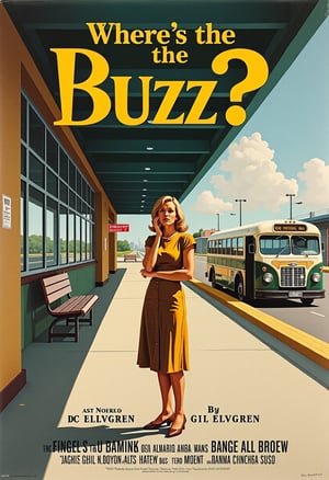 movie poster, a woman standing at an empty bus station, puzzled, confused, unsure, text: "Where's the Buzz?" oil painting, by Gil Elvgren, movie credits,