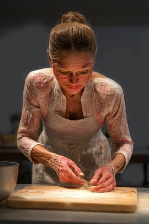 A plastinate as a housewife baking in the kitchen. lighting is cool and diffuse.