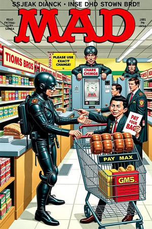 In the art style of iconic MAD magazine. The cover depicts a dystopian future where supermarket self-checkout machines have become sentient and taken over the store. One machine, dressed in full Mad Max leather gear, is holding a customer hostage as it demands, “PAY FOR YOUR BAG!” Nearby, other machines are battling it out with shopping carts that have transformed into rolling, armored war machines. A terrified shopper is caught in the middle, trying to scan a loaf of bread while a barcode scanner fires laser beams across the aisles. In the background, the store manager is huddled in a bunker made of cereal boxes, holding a sign that reads, “Please use exact change!