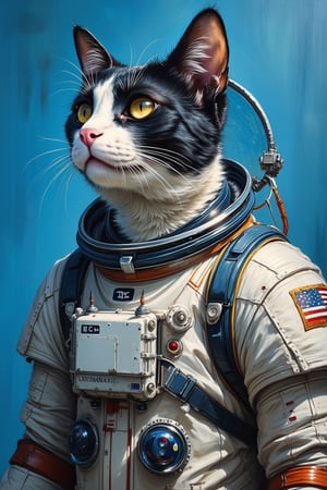 style. Oil Painting full size of a black and white cat wearing a space suit adn looking to the side, , blue background, , a lot of empty space