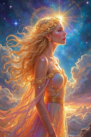 A stunning celestial goddess, radiating sun elemental energy, stands amidst a breathtakingly beautiful celestial landscape. Her long, golden hair flows like solar flares as she gazes out at the starry expanse, her eyes aglow with an otherworldly light. The vibrant hues of her ethereal attire shimmer against the deep blues and purples of space, while wispy clouds of cosmic gas drift lazily by.