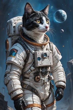 style. Oil Painting full size of a black and white cat wearing a space suit adn looking to the side, , blue background, , a lot of empty space