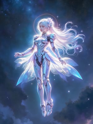 A tranquil mecha girl floats serenely amidst a starry expanse, her iridescent armor glistening with an ethereal sheen. Softly lit by the gentle glow of distant stars, her delicate features and flowing hair are illuminated against the dark vastness, as if surrounded by a halo of wonder.