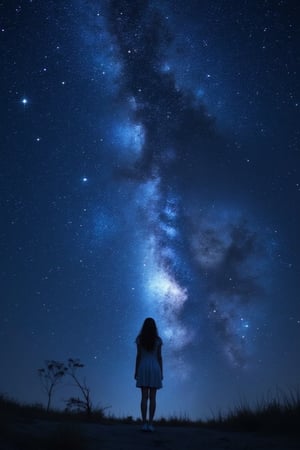 A girl stands alone under the star-studded night sky, with the majestic Milky Way stretching out before her like a shimmering highway. The camera frames her figure against the dark blue hue of the galaxy, her silhouette defined by the soft glow of distant stars. Her eyes gaze upwards in wonder, as if beckoned by the celestial beauty.