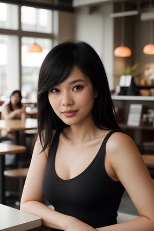 A stunning Asian woman, donning a v-neck tank top, exudes confidence in a summer office setting. Framed by the warm glow of a cafe background, her striking features shine: luscious black hair framing her pretty face and eyes. She maintains a straight pose, gazing directly at the camera with an air of uniqueness, as if sharing a secret. The lighting is natural, yet captivating, accentuating her porcelain skin. Shot on Canon camera in 8K resolution, this ultra-realistic image captures every detail, from the subtle curves of her tank top to the delicate freckles on her cheeks.