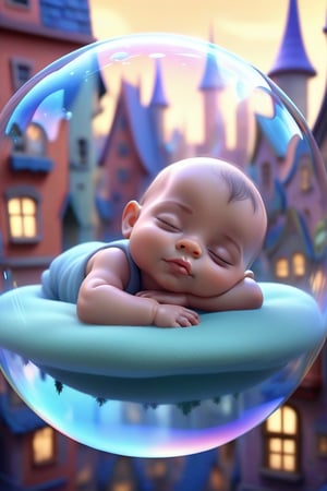 a baby sleeping peacefully inside a soap bubble, floating above a fairytale city, cute 3d character, pixar style, fantasy and dream atmosphere