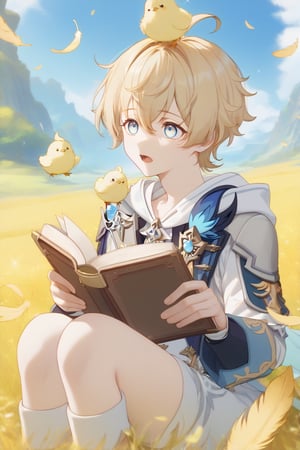 best quality, (masterpiece), high_res, 8K, gradient,highres,absurdres,highly detailed,1boy, solo, male_focus,
mika,blonde hair,blue eyes,hair between eyes,short hair,bangs,ahoge,sitting,surprised expression,sky,sunlight,field,,genshin impact,surrounded small fluffy yellow feathers ,close-up,white and yellow feathers floating in the air,open_mouth,looking side,chicks on body,chicks on head,chicks on shoulders,knees up,reading book,large feather,huge feather,dutch_angle,detailed hands,