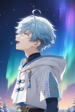 best quality, (masterpiece), high_res, 8K, gradient,vibrant colors,1boy, solo, male_focus,chongyun,blue eyes,blue hair,short hair,bangs,hair between eyes,young_boy, smile,highres,absurdres,highly detailed,standing,(from side:0.5),shota.looking up,night sky, gradient background, twinkling stars,starry_sky,colorful aurora,