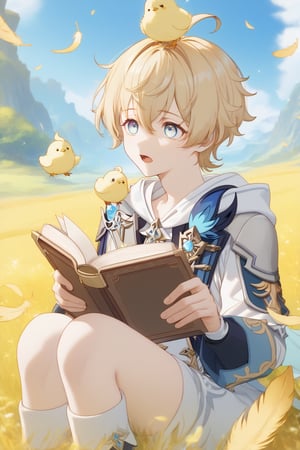 best quality, (masterpiece), high_res, 8K, gradient,highres,absurdres,highly detailed,1boy, solo, male_focus,
mika,blonde hair,blue eyes,hair between eyes,short hair,bangs,ahoge,sitting,surprised expression,sky,sunlight,field,,genshin impact,surrounded small fluffy yellow feathers ,close-up,white and yellow feathers floating in the air,open_mouth,looking side,chicks on body,chicks on head,chicks on shoulders,knees up,reading book,large feather,huge feather,dutch_angle,detailed hands,