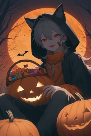 best quality, (masterpiece), high_res, 8K, gradient,1boy, solo, male_focus,razor,grey hair,long hair,hair between eyes,red eyes,scar,scar on face,scar on arm,young_boy, smile,highres,absurdres,highly detailed,sitting, Halloween theme, gradient background, sitting cross-legged, holding huge pumpkin halloween candy basket,huge pumpkin,giant pumpkin,vivid colors, dreamy scene, shota,dutch_angle,overflowing with candy wrappers,candy wrappers,surrounded by candy wrappers and jack-o-lanterns,gray wolf costume,sunset,forest,horror atmosphere, jack-o-lanterns,halloween,scenery,closed_mouth,animal costume, animal hood,