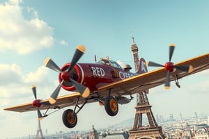 photo of a steampunk Red Baron aiplane, 1900s, 
The fighter airplane is detailed and complex with lots of metal and cable rigging and multiple diesel turbofans along the perimeter of the dual machine guns, these weapons are pointed to the front 
Flying above the city of Paris, eifel tower been  under construction, 