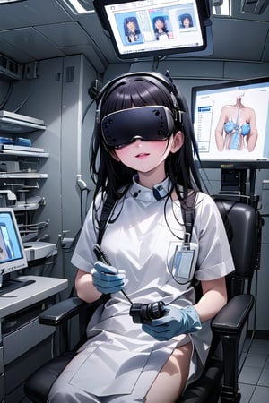 A skilled surgeon, wearing a sterile surgical gown and gloves, meticulously performs a complex operation using a VR-assisted surgical system. The surgeon's movements are precise and controlled, guided by the high-resolution images displayed in their VR headset. The operating room is sterile and well-lit, with a team of medical professionals assisting the surgeon. (Realistic, detailed, post-processed)