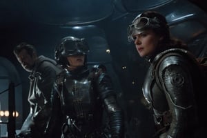 A tense standoff unfolds within the foggy confines of a retro-futuristic spaceship. Fritz Lang's protagonist stands firm, clad in worn leather and goggles, as two women and one man clad in steam-powered armor prepare for battle against an otherworldly foe. A striking female figure, donning a metallic spacesuit and 1910-era hairstyles, fixes her gaze on the encroaching extraterrestrial threat. Amidst the chaos, she remains steadfast. The dimly lit interior is illuminated only by the eerie glow of the moonlit metropolis visible through the portholes, casting an ominous light on the impending conflict.