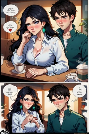 A romantic scene unfolds in a cozy coffee shop. A couple sits face-to-face, their eyes locked in a tender gaze. The (1man dark hair)man's chiseled features exude charm, while the (1girl brown long hair)woman's beauty shines with a radiant glow. Her hand lightly caresses the man's palm as they sit in the warm atmosphere, surrounded by the aroma of freshly brewed coffee.
comic,manga,dark theme,concept art,Expressiveh