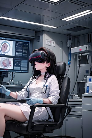 A skilled surgeon, wearing a sterile surgical gown and gloves, meticulously performs a complex operation using a VR-assisted surgical system. The surgeon's movements are precise and controlled, guided by the high-resolution images displayed in their VR headset. The operating room is sterile and well-lit, with a team of medical professionals assisting the surgeon. (Realistic, detailed, post-processed)