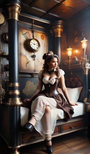 bunk bed in a cozy steampunk room, vibrant colors. sexy 19yo american girl with massive cleavage and a scrunchie, corset,white see-through blouse, brown maxi-dress. she is looking at an ancient treasure map..,HZ Steampunk