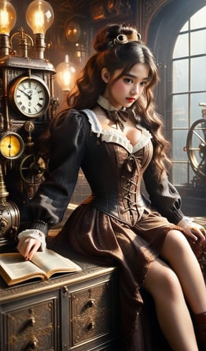 bunk bed in a cozy steampunk room, vibrant colors. sexy 14yo american girl with massive cleavage and a scrunchie, corset,white see-through blouse, brown maxi-dress. she is looking at an ancient treasure map..,HZ Steampunk