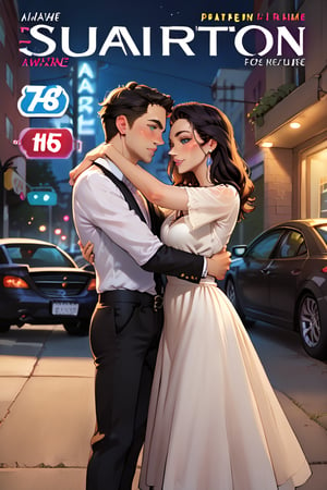 a Hug, 1girl and 1boy slim figure entwined with  perfect physique under the darkness of a black night.
Cover of a magazine, Night time, Carpark, beside a black car, brunete, standing, elegant blue prom dress, with the boyfriend, white shirt, trousers
The air is heavy with drama as they cling to each other, lost in the moment. Very emotional
Looking to the camera, Close up photo