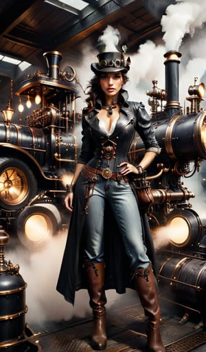 score_9, score_8_up, score_7_up, photorealistic, perfect anatomy, very high contrast photograph, street photography, cinematic lighting, dramatic lighting, 1girl, brunete with googles is repairing a steam engine in the steamy smoky workshop))), (a 19 yo girl, very cute, wavy hair, a girl in a steampunk jumpsuit in light gray color, intercom headset, steampunk choker, cowboy shot, perfect detailed face, detailed symmetric green eyes, fixing a steam engine in the steampunk garage filled with steam and smoke, cogs and gears, steamy background with lots of steam pipes and steam valves and pressure gauges and gears, intricate background, very highly detailed costume, very highly detailed background, steampunk fantasy style, steampunk aesthetic, steamy, smoky,SteamPunkNoireAI, cowboy_shot