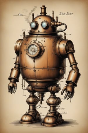 patent style drawing of steam very fat robot,in ink on an old paper,(steampunk:1.2),minimal vector,old fashioned,nostalgie