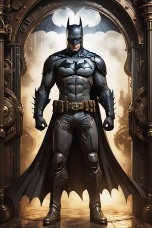 ((Batman of DC comics illustration in steampunk stile,)) ((full body view.)) (( Action pose)) (Masterpiece, Best quality), (finely detailed eyes), (finely detailed eyes and detailed face), (Extremely detailed CG, intrincate detailed, Best shadow), conceptual illustration, (illustration), (extremely fine and detailed), (Perfect details), (Depth of field), in the door of a wilding background,more detail XL