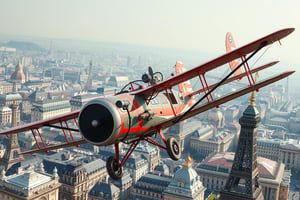 photo of a steampunk Red Baron aiplane, 1900s, 
The fighter airplane is detailed and complex with lots of metal and cable rigging and multiple diesel turbofans along the perimeter of the dual machine guns, these weapons are pointed to the front 
Flying above the city of Paris, eifel tower been  under construction, 