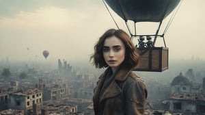 (((sexy cyberpunk android Lily Collins flies in a huge hot air balloon with a cybernetic robot eagle))), ((vintage dystopian sky over the ruined city background)), ((lighting dust particles)), horror movie scene, best quality, masterpiece, (photorealistic:1.4), 8k uhd, dslr, masterpiece photoshoot, (in the style of Hans Heysen and Carne Griffiths),shot on Canon EOS 5D Mark IV DSLR, 85mm lens, long exposure time, f/8, ISO 100, shutter speed 1/125, award winning photograph, facing camera, perfect contrast,cinematic style