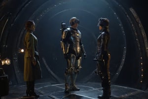 A tense standoff unfolds within the foggy confines of a retro-futuristic spaceship. Fritz Lang's protagonist stands firm, clad in worn leather and goggles, as two women and one man clad in steam-powered armor prepare for battle against an otherworldly foe. A striking female figure, donning a metallic spacesuit and 1910-era hairstyles, fixes her gaze on the encroaching extraterrestrial threat. Amidst the chaos, she remains steadfast. The dimly lit interior is illuminated only by the eerie glow of the moonlit metropolis visible through the portholes, casting an ominous light on the impending conflict.