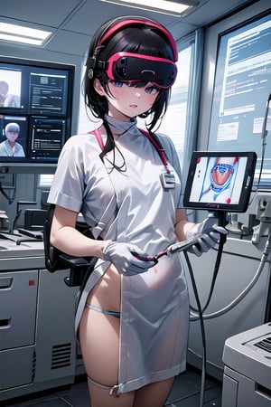 A skilled surgeon, wearing a sterile surgical gown and gloves, meticulously performs a complex operation using a VR-assisted surgical system. The surgeon's movements are precise and controlled, guided by the high-resolution images displayed in their VR headset. The operating room is sterile and well-lit, with a team of medical professionals assisting the surgeon. (Realistic, detailed, post-processed)