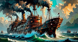 An imaginative and impressionist depiction of a steam punk, tattered, and battle-worn appearance of a large wood hulled ship, with vibrant, focused brushstrokes capturing every detail. A focused impressionist image where every brushstroke is sharp and clear. Color palette blends muted, earthy tones with vibrant accents, enhancing the depth and atmosphere of the scene. Every detail in the image in sharp focus. Distinct forms and shapes in the background should suggest a looming storm.,SteamPunkNoireAI,palette knife painting,tpship