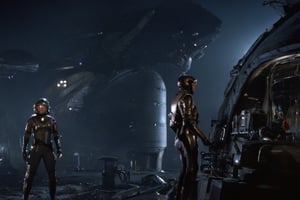 A tense standoff unfolds within the foggy confines of a retro-futuristic spaceship. Fritz Lang's protagonist stands firm, clad in worn leather and goggles, as two women and one man clad in steam-powered armor prepare for battle against an otherworldly foe. A striking female figure, donning a metallic spacesuit and 1910-era hairstyles, fixes her gaze on the encroaching extraterrestrial threat. Amidst the chaos, she remains steadfast. The dimly lit interior is illuminated only by the eerie glow of the moonlit metropolis visible through the portholes, casting an ominous light on the impending conflict.