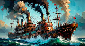 An imaginative and impressionist depiction of a steam punk, tattered, and battle-worn appearance of a large wood hulled ship, with vibrant, focused brushstrokes capturing every detail. A focused impressionist image where every brushstroke is sharp and clear. Color palette blends muted, earthy tones with vibrant accents, enhancing the depth and atmosphere of the scene. Every detail in the image in sharp focus. Distinct forms and shapes in the background should suggest a looming storm.,SteamPunkNoireAI,palette knife painting,tpship