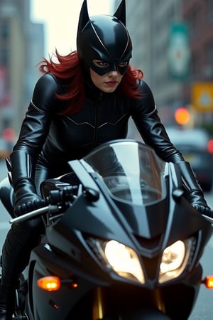 Batwoman of DC comics riding a bike,detailed exquisite face under the mask, Black suit, black kawasaki ninja h2r,blurry Gotham city street,realistic,detailed,sharp focus,high contrast,rule of thirds,chiaroscuro lighting,ek_art_b00ster,ek_an1_b00ster